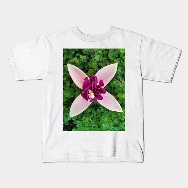 four petal floral fantasy with exotic center in purple and white Kids T-Shirt by mister-john